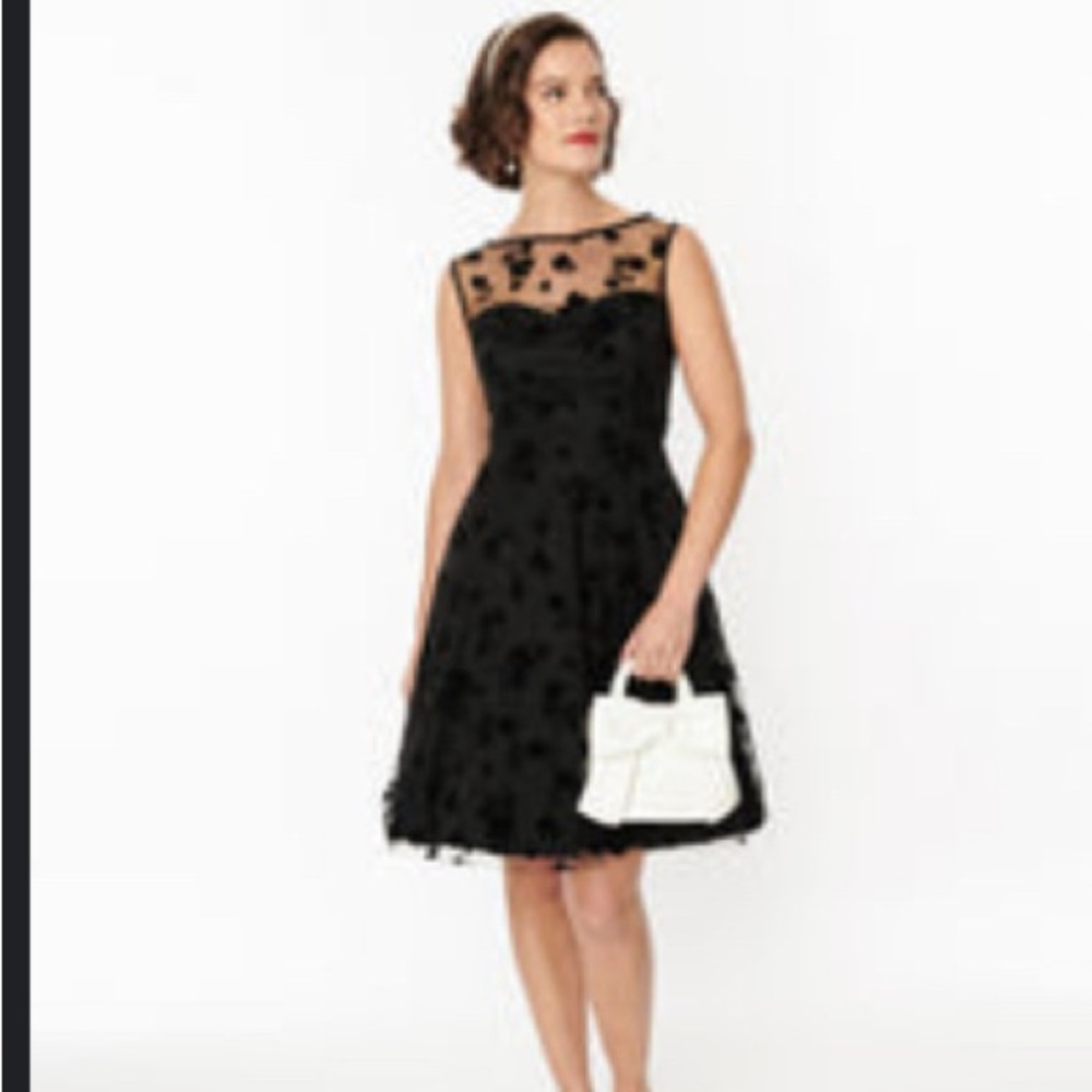 Black Flocked Floral Mesh Swing Dress